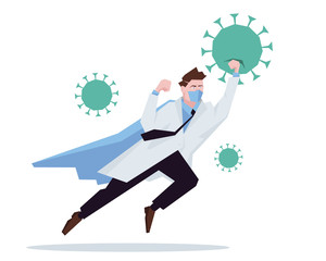 Doctor superhero working in hospital and fighting the coronavirus. Healtcare concept corona virus outbreak pandemic stop. Vector illustration.