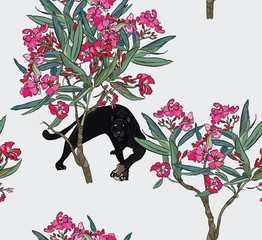 Seamless Pattern Pantera in Blooming Trees with Small Pink Flowers, Spring Garden Oleander Trees on White background, Realistic Drawing Wildlife © Irina
