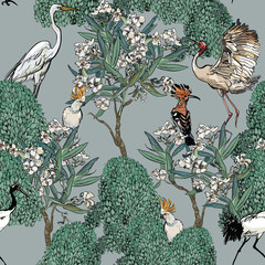 Fototapety  Jednolity wzór biały oleander drzewo kwiatowe z wieloma ptakami na niebieskim tle, egzotyczna przyroda na drzewach kwiatowych, wiosna kwitnie ręcznie rysowane nadruk, dudek, żuraw, papuga ptaki na roślinach tropikalnych