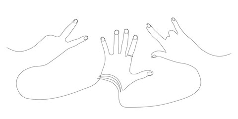 People show different symbols with their hands. Paint single line art hands