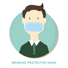 White man wearing surgical face mask.  Coronavirus disease (COVID-19) outbreak infection prevention and control. Flat design vector illustration.