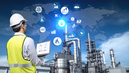 Industry 4.0 of oil and gas refining process of refinery plant, Double exposure of engineer...