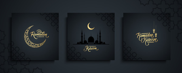 Ramadan Kareem greeting cards set. Ramadan islamic holiday invitations templates collection with gold crescent moon, hand drawn lettering and mosque. Vector illustration.