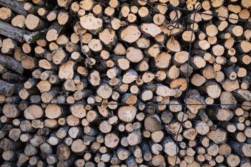 Firewood storage concept. Natural sawn wood stacked in row, texture. Stacks of chopped logs as background. Wallpaper.