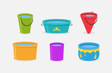 Colored plastic buckets.