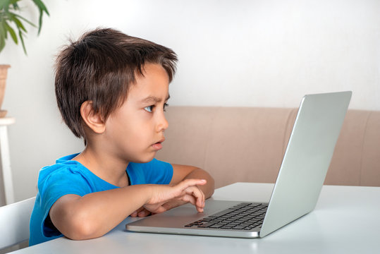 Little boy browses the internet on a  laptop. Modern lifestyle.