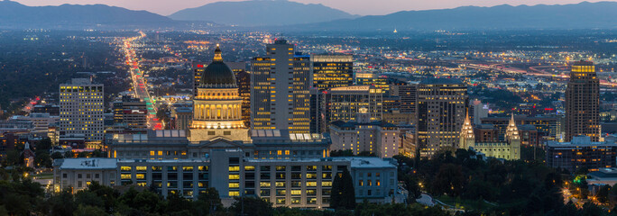 Nighttime panoramic overlooking the capitol building and Salt Lake City skyline