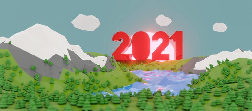 Abstract low poly background with 2021 behind the mountain.Concept for new year 2021. 3d rendering.