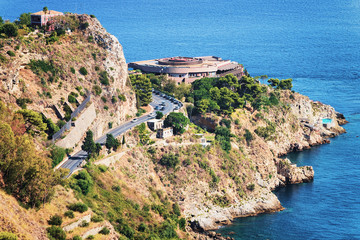 Road in Taormina and Mediterranean Sea Sicily - obrazy, fototapety, plakaty