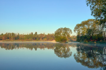 foggy river with the trees are reflected in water