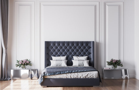 Bedroom mock up, Dark blue bed interior design template. Grey wall mockups. modern silver side tables. illustration