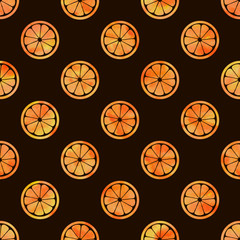 Watercolor sliced ​​oranges on black background. Seamless pattern. Watercolor stock illustration. Design for backgrounds, wallpapers, covers, textile, packaging.