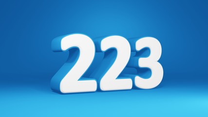 Number 223 in white on light blue background, isolated number 3d render