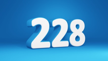 Number 228 in white on light blue background, isolated number 3d render