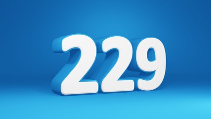 Number 229 in white on light blue background, isolated number 3d render