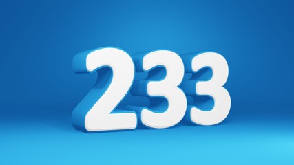 Number 233 in white on light blue background, isolated number 3d render