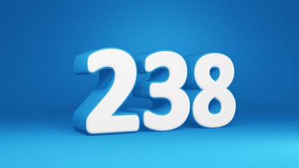 Number 238 in white on light blue background, isolated number 3d render