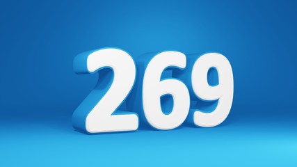 Number 269 in white on light blue background, isolated number 3d render