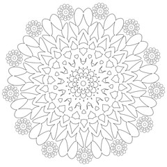 round flower ornament. kaleidoscope. mandala. black-and-white outline drawing by hand. coloring pages for children and adults. template, print.