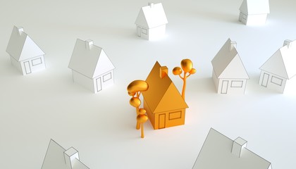 Golden miniature Model House in group with white houses search to buy. home key chain.