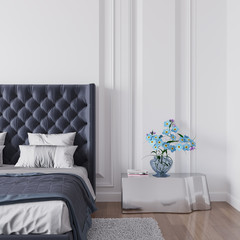 bedroom interior home mock up. beautiful blue vase flowers on modern silver side table design. grey wall background.