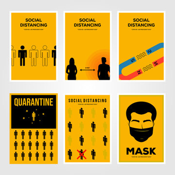 set of social distancing viruses prevention and quarantine isolation minimalist poster illustration design