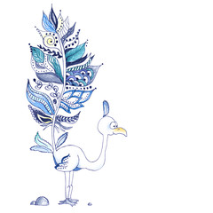 Рencil drawing funny blue bird with a big tail