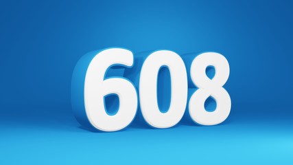 Number 608 in white on light blue background, isolated number 3d render
