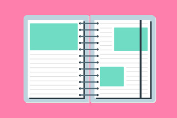 Flat open cute notebook isolated on pink background. Illustration of femininity notebook with copy space. Vector template icon for design website or blog.