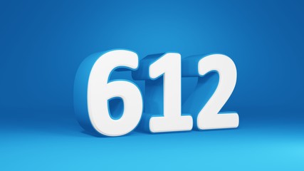 Number 612 in white on light blue background, isolated number 3d render