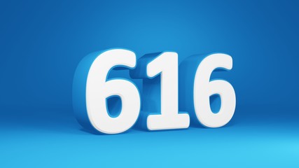 Number 616 in white on light blue background, isolated number 3d render