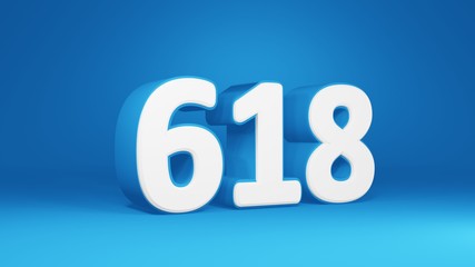 Number 618 in white on light blue background, isolated number 3d render