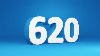 Number 620 in white on light blue background, isolated number 3d render