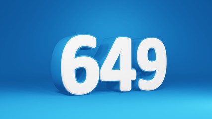 Number 649 in white on light blue background, isolated number 3d render