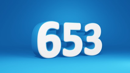 Number 653 in white on light blue background, isolated number 3d render