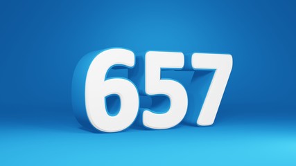 Number 657 in white on light blue background, isolated number 3d render