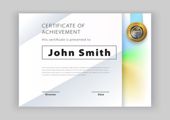 Official white certificate with green blue design elements. Modern blank with gold emblem. Vector illustration