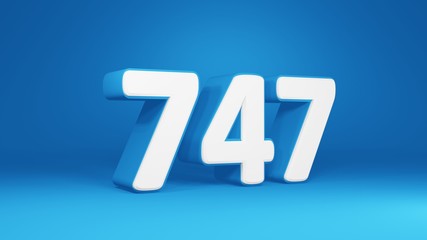 Number 747 in white on light blue background, isolated number 3d render