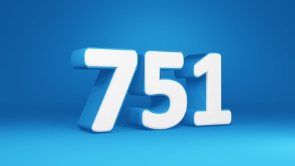 Number 751 in white on light blue background, isolated number 3d render