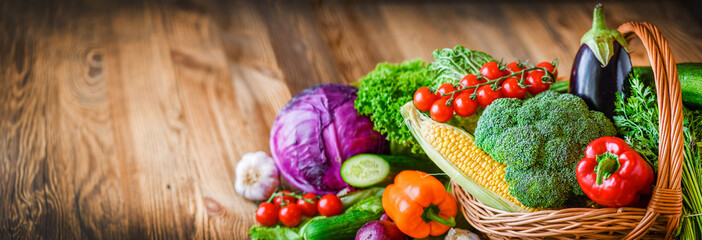 Variety assorted raw organic fresh vegetables wide banner. Assortment of fruits and vegetable....