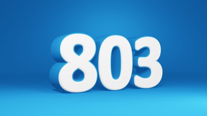 Number 803 in white on light blue background, isolated number 3d render