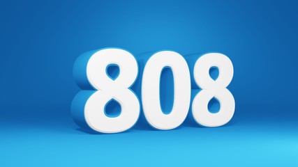 Number 808 in white on light blue background, isolated number 3d render