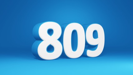 Number 809 in white on light blue background, isolated number 3d render