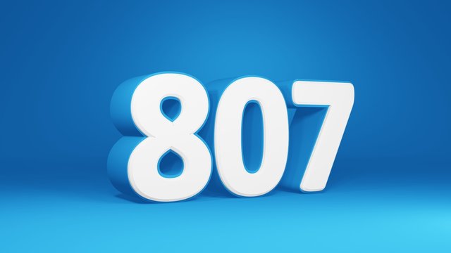 Number 807 in white on light blue background, isolated number 3d render