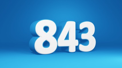 Number 843 in white on light blue background, isolated number 3d render