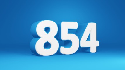 Number 854 in white on light blue background, isolated number 3d render