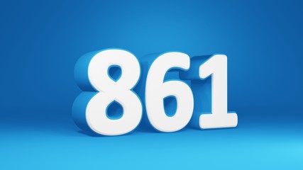 Number 861 in white on light blue background, isolated number 3d render