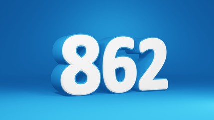 Number 862 in white on light blue background, isolated number 3d render