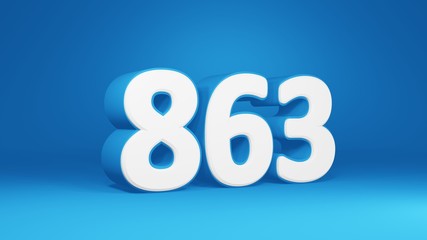 Number 863 in white on light blue background, isolated number 3d render