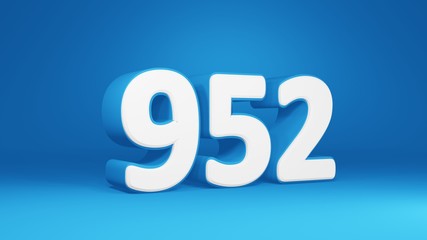 Number 952 in white on light blue background, isolated number 3d render